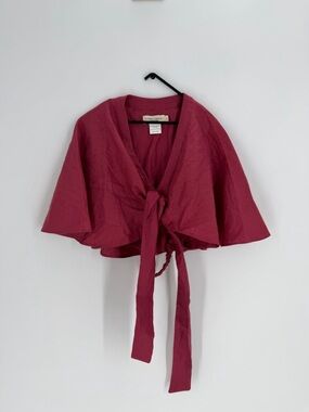 Cindy Castro New York 100% Linen Carolina Cape Tie Front V Neck Cropped Top